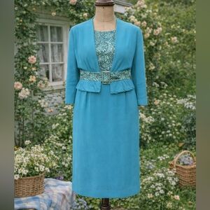 Vintage 1950s “A Lawrence Dress” Blue Sparkly Dress & Cropped Belted Blazer Set